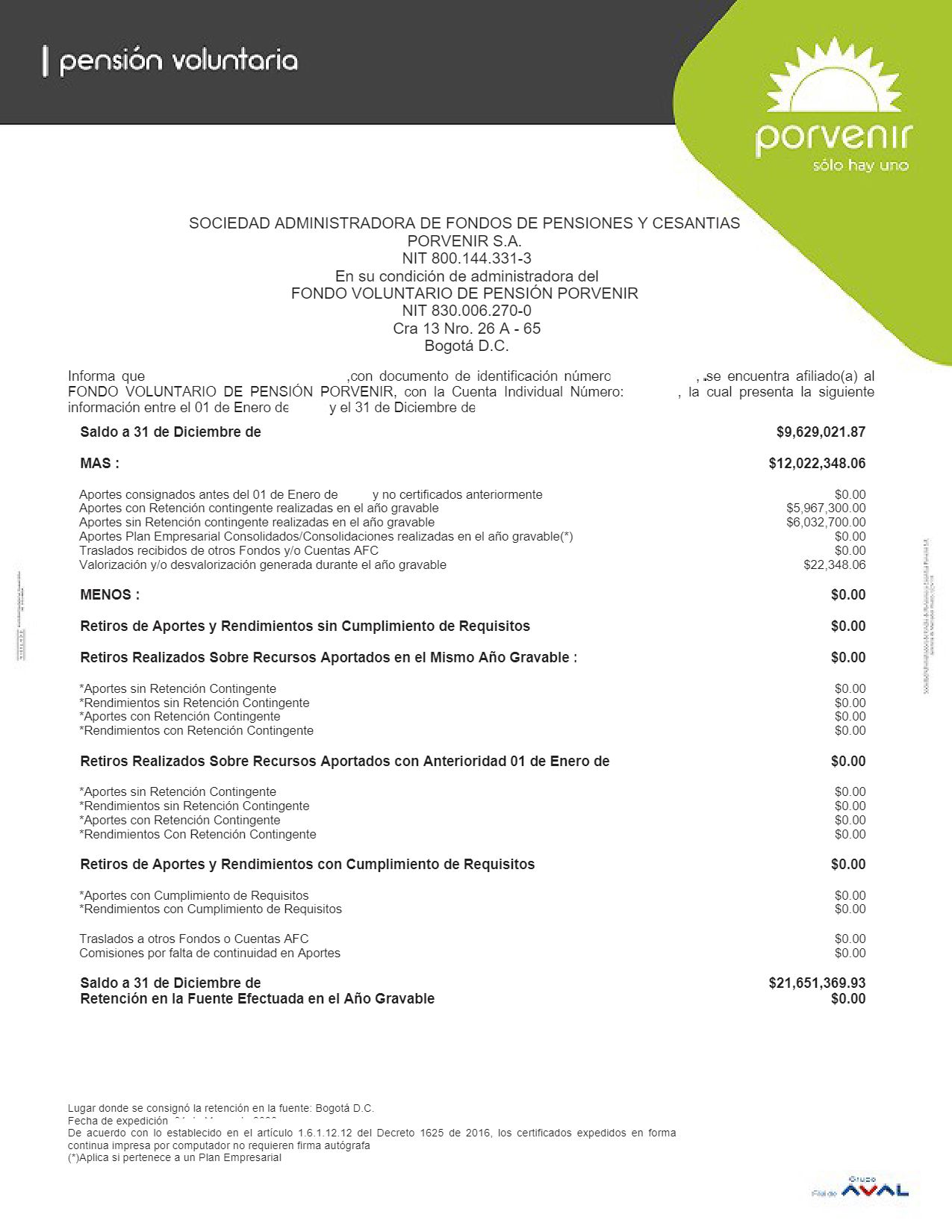 Certificado de aportes y retenciones de pensiones voluntarias Porvenir Certificado de aportes y retenciones de pensiones voluntarias Porvenir